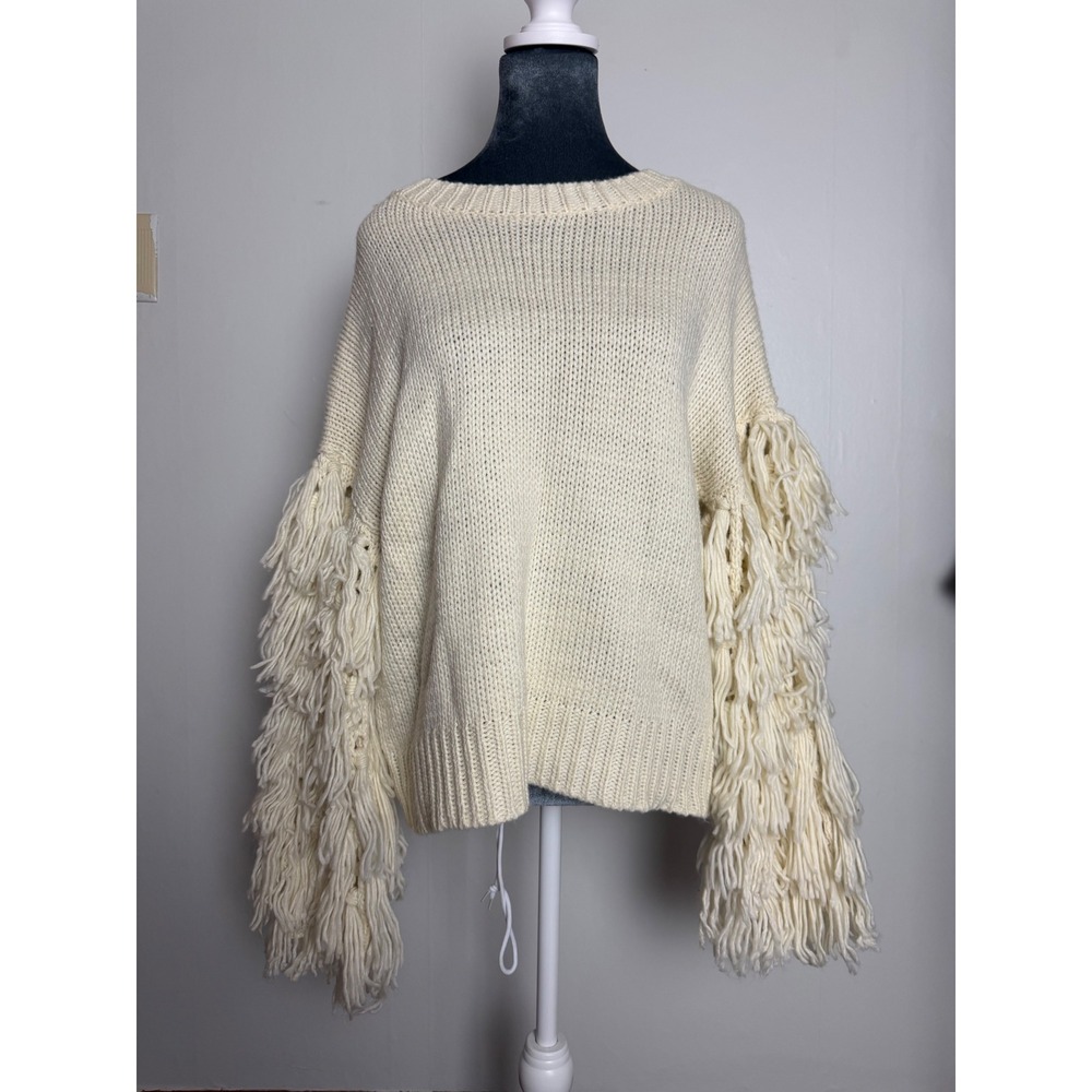 Cream Shaggy Fringe Sleeve Knit Sweater Ivory boho indie coastal western cable M